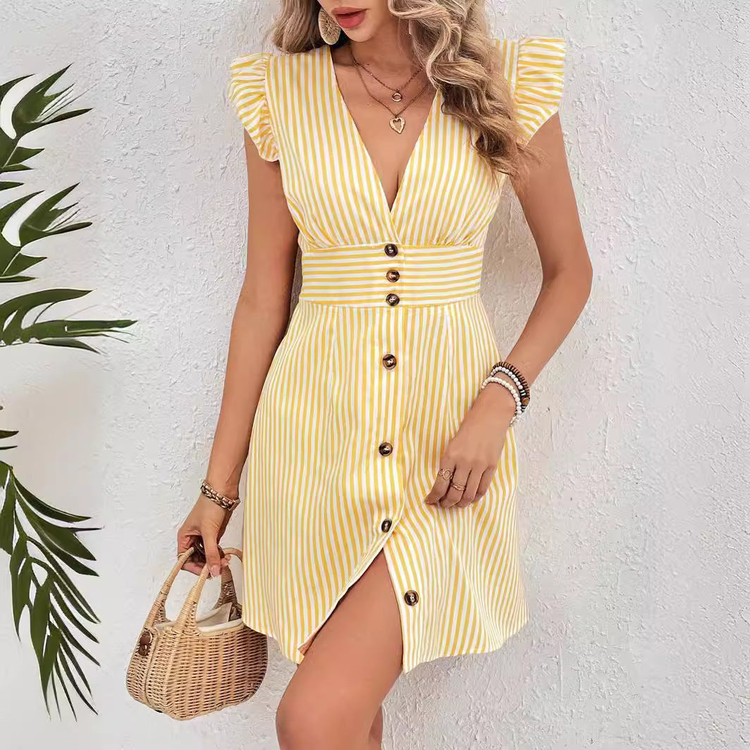 Summer V-neck Single-breasted Fly-sleeve Shirt Dress With Elegant Splicing Stripe Printing