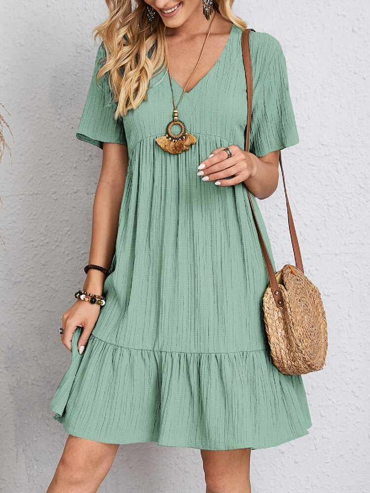 V-neck Short Sleeve Dress Summer Fashion Casual Loose Ruffled Dress