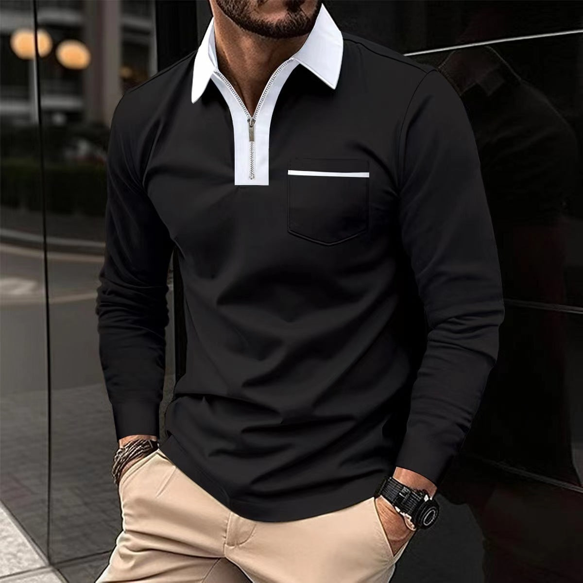 Autumn & Spring Mens Long Sleeve Zipper Polo Shirts