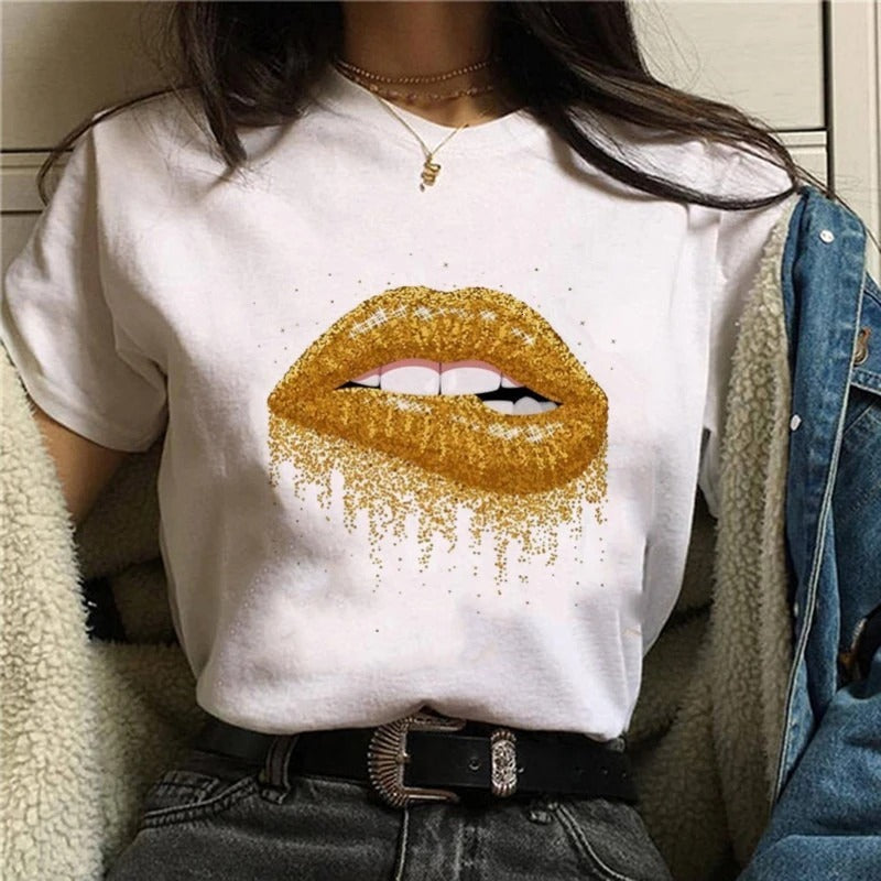 Lip print lost in gold short sleeves