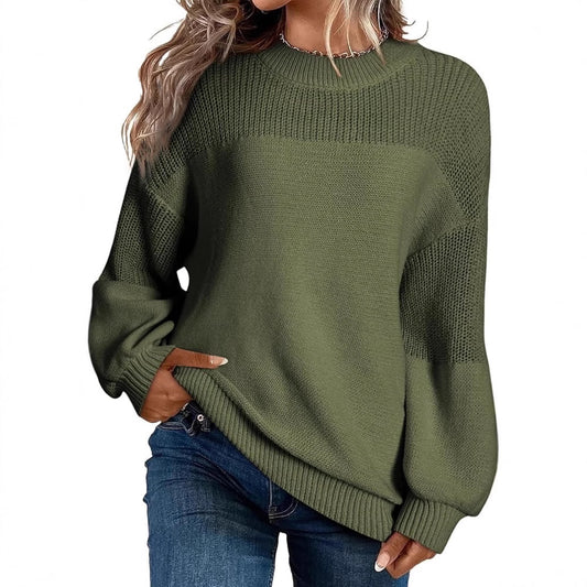 Solid Color Lantern Sleeve Pullover Round Neck Sweater