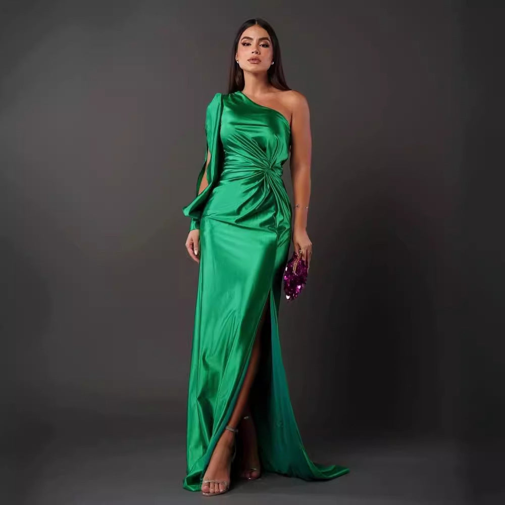 One-Shoulder Split Party Dress – Long-Sleeved Slim Fit | Infinity Bazaar