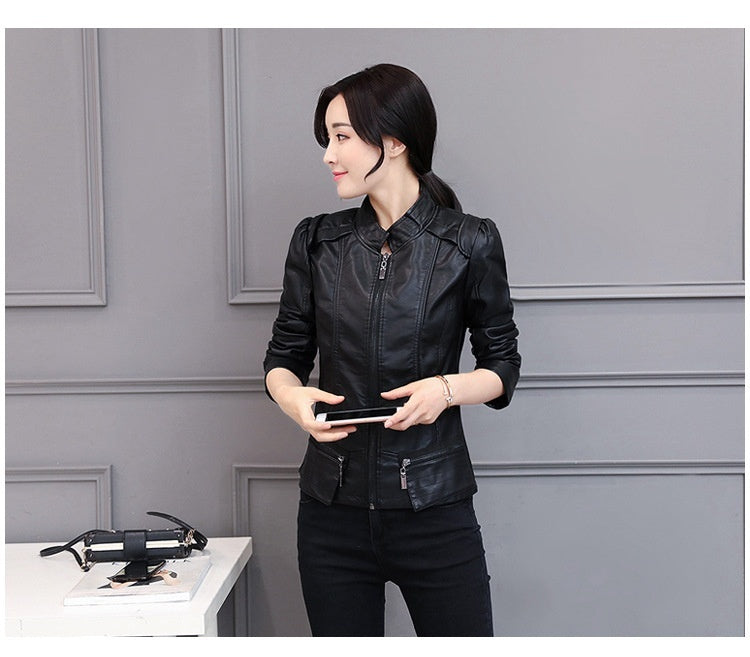 New Spring And Autumn Korean Style Motorcycle Stand-up Collar Slim Fit Slimming Leather Coat