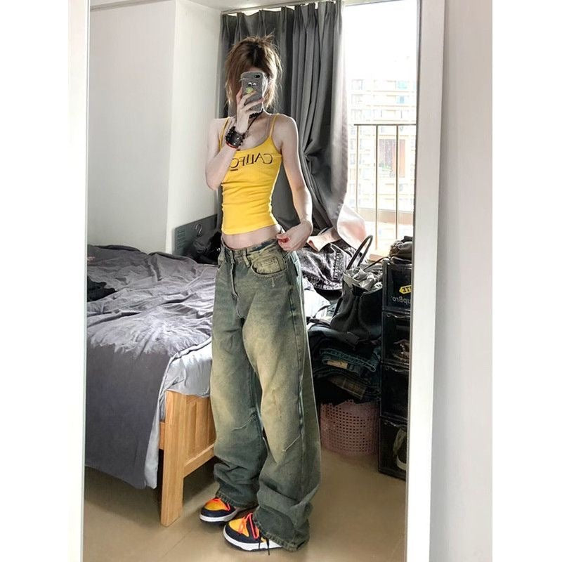 Retro Wide Leg Jeans Women's High Waist Loose Distressed Straight-leg Pants