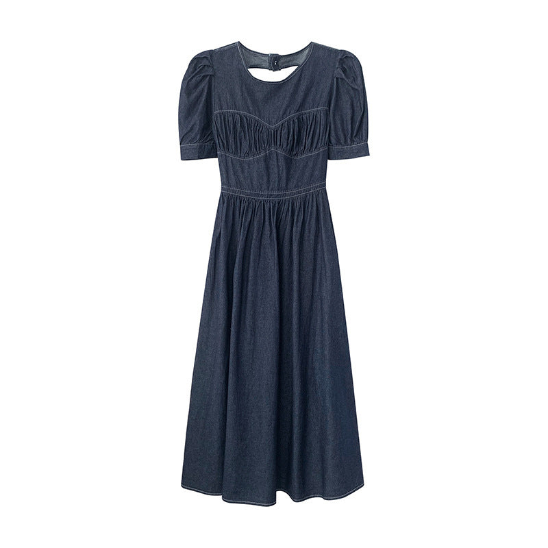 Fashionable Puff Sleeve Waist Denim Skirt