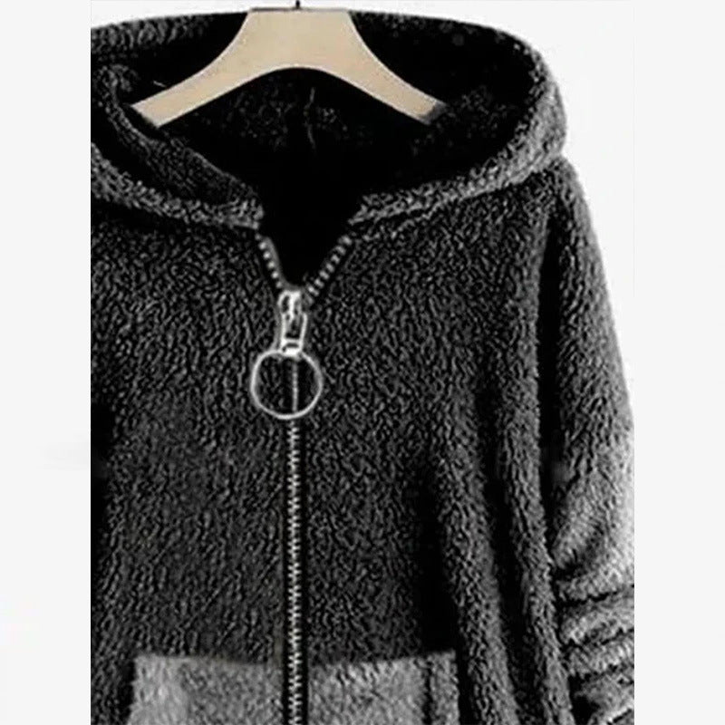 Autumn Spring Stitching Contrast Color Double-sided Velvet Hooded Jacket Zipper Cloak Tops Warm Women