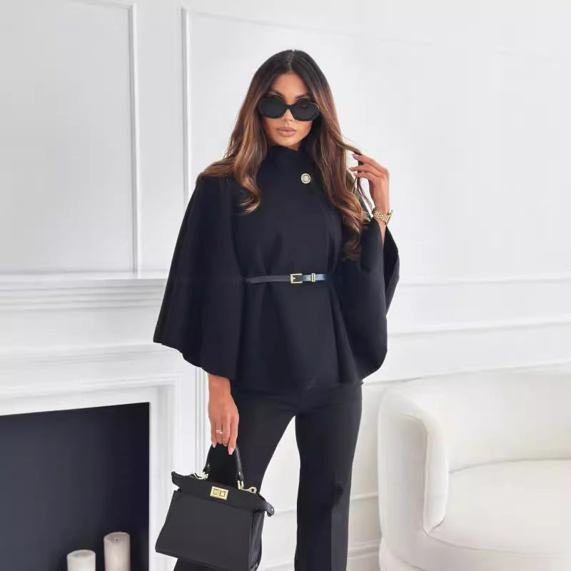 Collar Batwing Sleeves Cloak Top With Belt - Sweater Outwear For Women Clothing