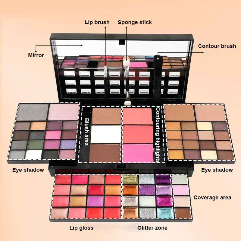 74-Color All-in-One Makeup Palette – Eyeshadow, Lip Gloss, Blush, Highlighter & Contour Kit with Mirror | Infinity Bazaar