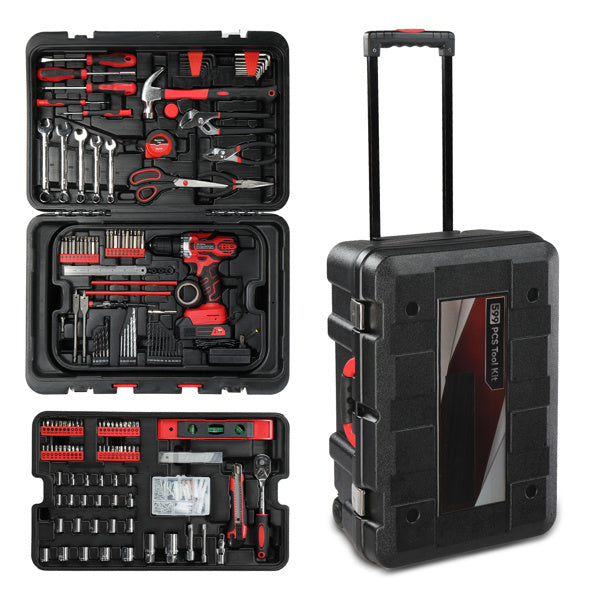 599-Piece Rolling Tool Set with 21V Cordless Drill – Heavy-Duty Home & Auto Repair Kit with Chrome-Plated Tools & Mobile Toolbox | Infinity Bazaar