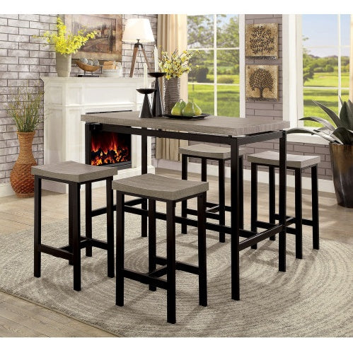 5-Piece Counter Height Dining Table Set – Two-Tone Black & Gray with Metal Frame & PVC Top, Includes 4 Stools | Infinity Bazaar