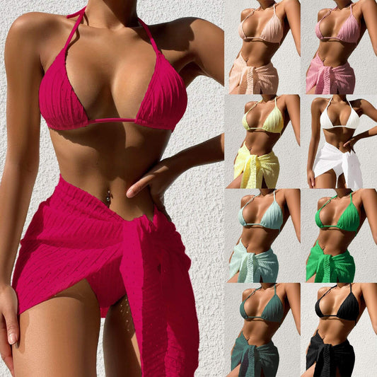 3pcs Halterneck Bikini Swimsuit Set – Backless Solid Color with Mesh Cover-Up Skirt, Sexy Beachwear for Women | Infinity Bazaar