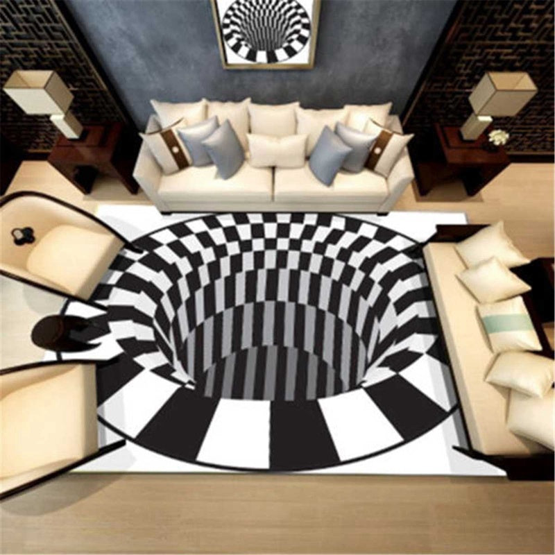 3D Vortex Illusion Carpet – Black & White Optical Hole Rug for Living Room, Bedroom & Home Decor | Infinity Bazaar