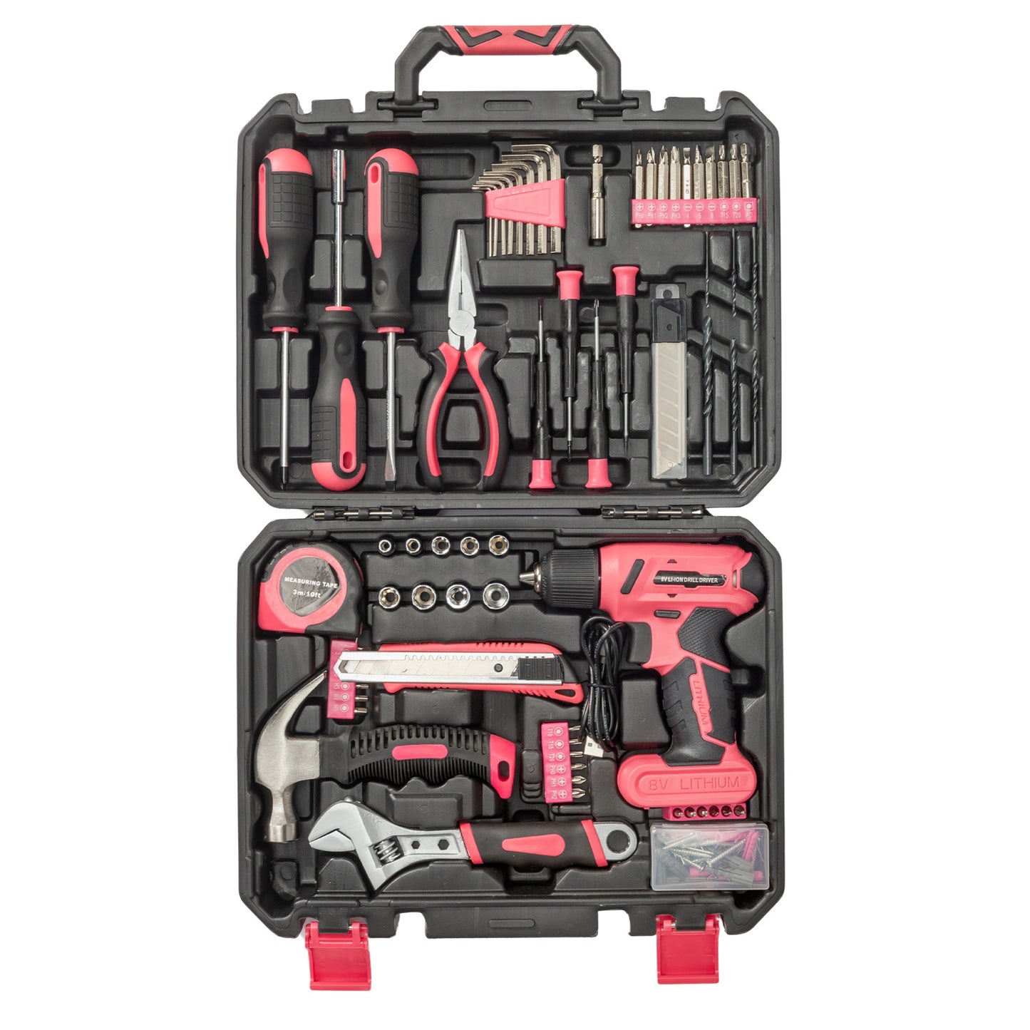 146-Piece Pink Cordless Drill & Tool Set – 8V DIY Home Repair Kit with LED Light, Lithium Battery & Carry Case | Infinity Bazaar