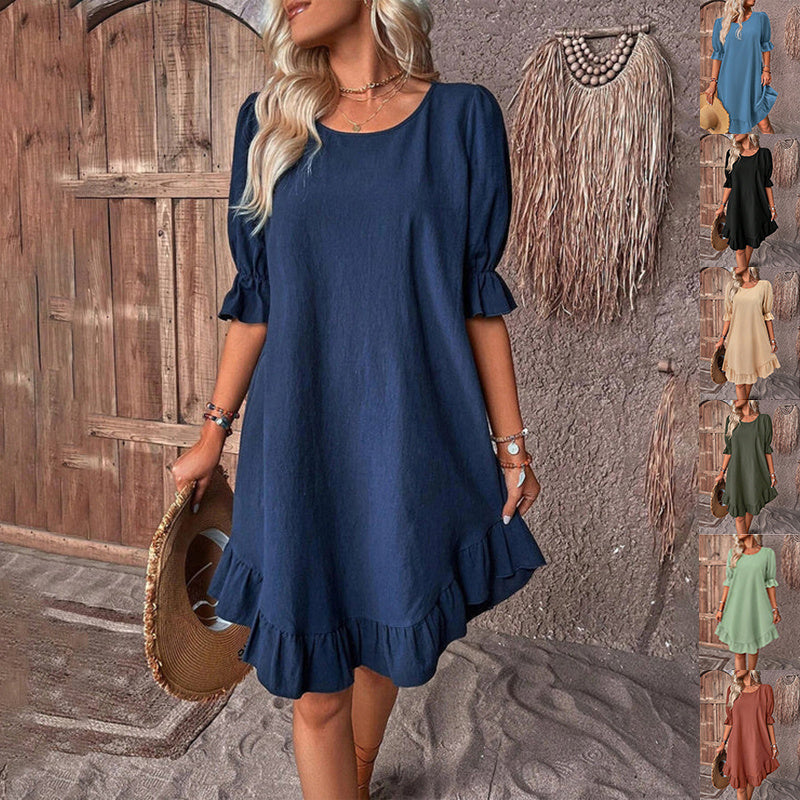 Ruffle Short-sleeved Solid Color Round Neck Loose Straight Summer Dress