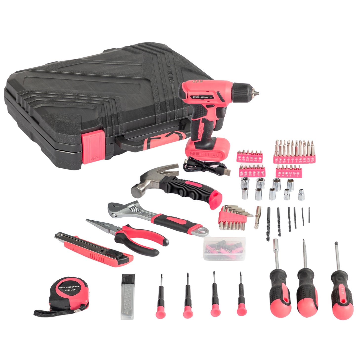 146-Piece Pink Cordless Drill & Tool Set – 8V DIY Home Repair Kit with LED Light, Lithium Battery & Carry Case | Infinity Bazaar