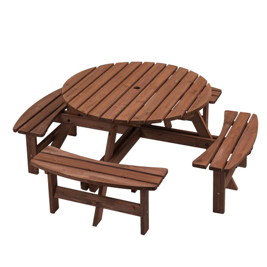 8-Person Wooden Picnic Table with 4 Built-in Benches – Round Outdoor Camping & Garden Dining Table, 2220lb Capacity, Fir Wood | Infinity Bazaar