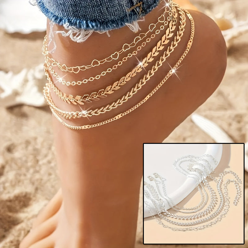 5-Piece Bohemian Anklet Set – Airplane & Heart Chain Ankle Bracelets for Women, Summer Beach Foot Jewelry | Infinity Bazaar