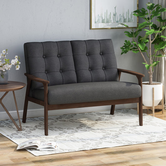 2-Person Sofa in Charcoal Gray – Button-Tufted Fabric Loveseat with Walnut Wood Legs | Infinity Bazaar