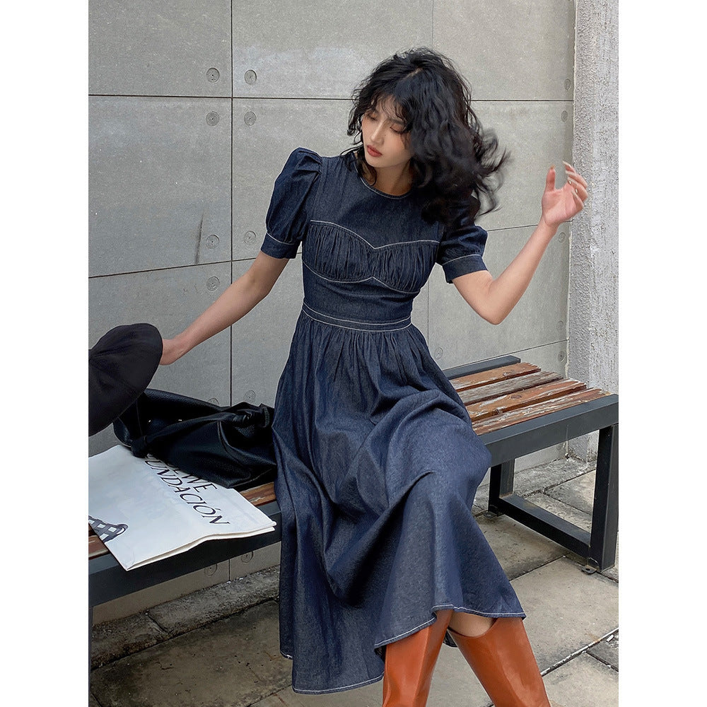 Fashionable Puff Sleeve Waist Denim Skirt