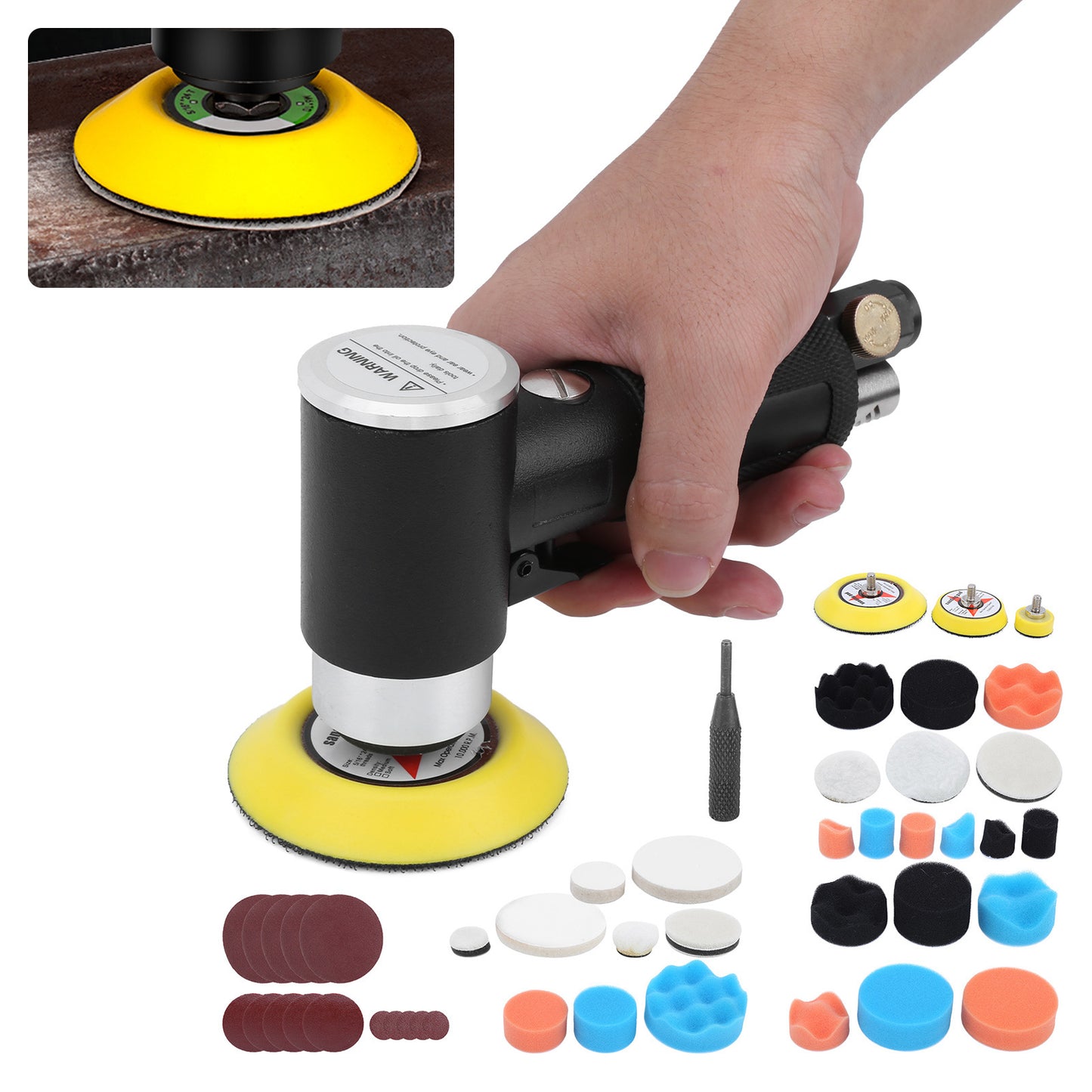 48-Piece Eccentric Air Sander Pneumatic Polisher with 1/4" Air Nozzle, 1–3 Inch Pads, for Car Waxing, Grinding & Detail Sanding | Infinity Bazaar