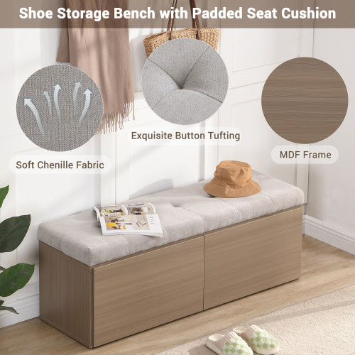 49" Storage Bench with Adjustable Shelves & Padded Cushion – Double Door Entryway Footstool Cabinet, Chenille Upholstery, Light Grey | Infinity Bazaar