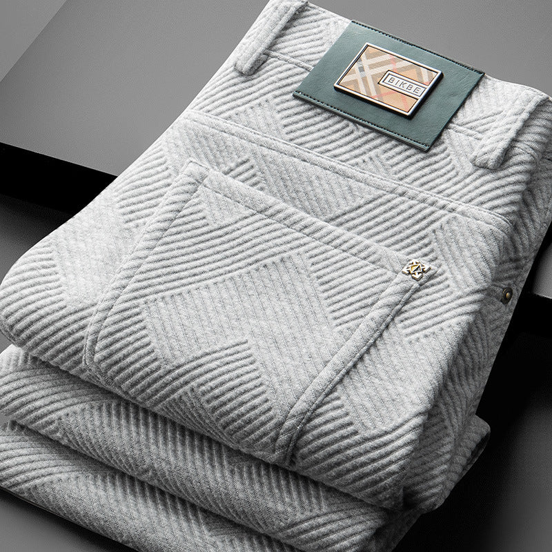 Autumn And Winter Jacquard Casual Pants Men's Fleece-lined Thickened
