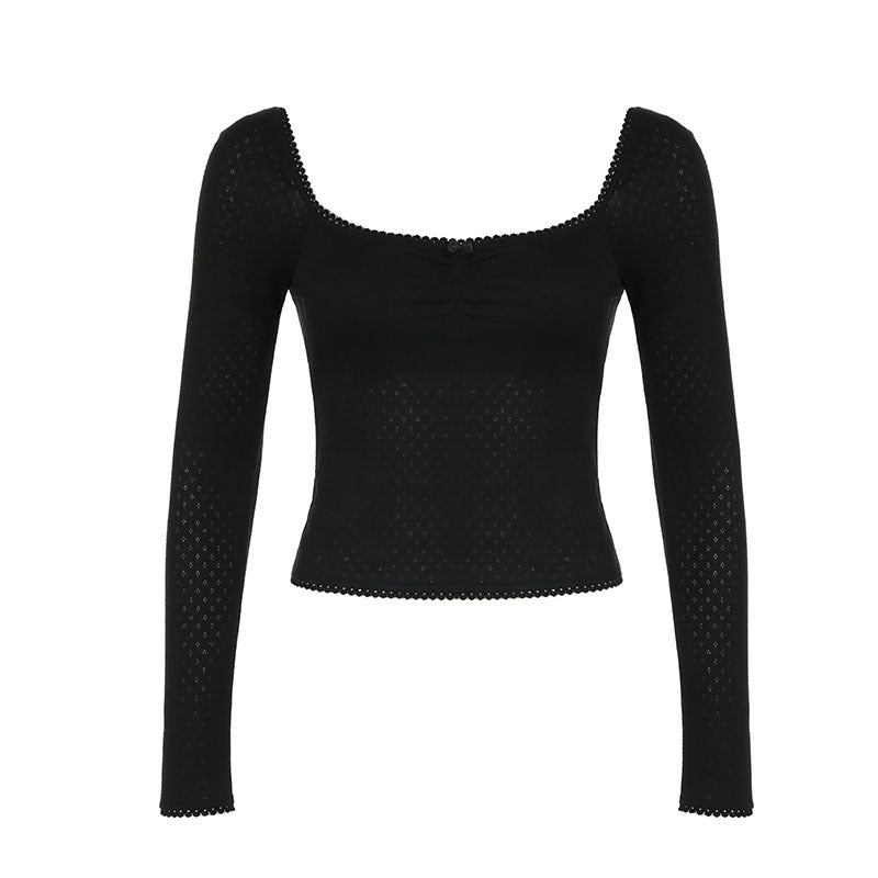 French Pure Desire Square Collar Lace Bow Long Sleeve Top For Women