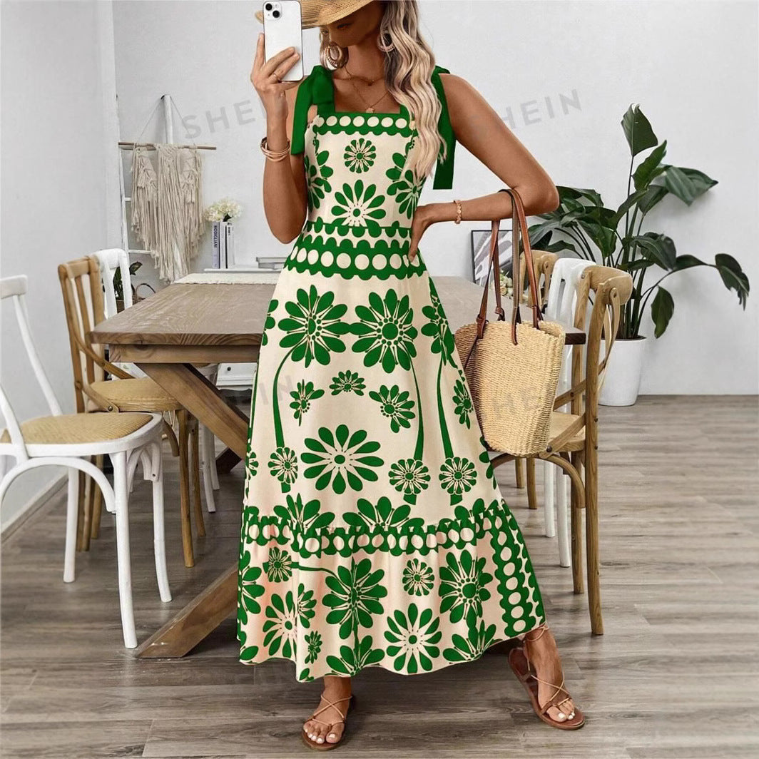 Flower Print Shoulder Girdle Waist Women's Dress