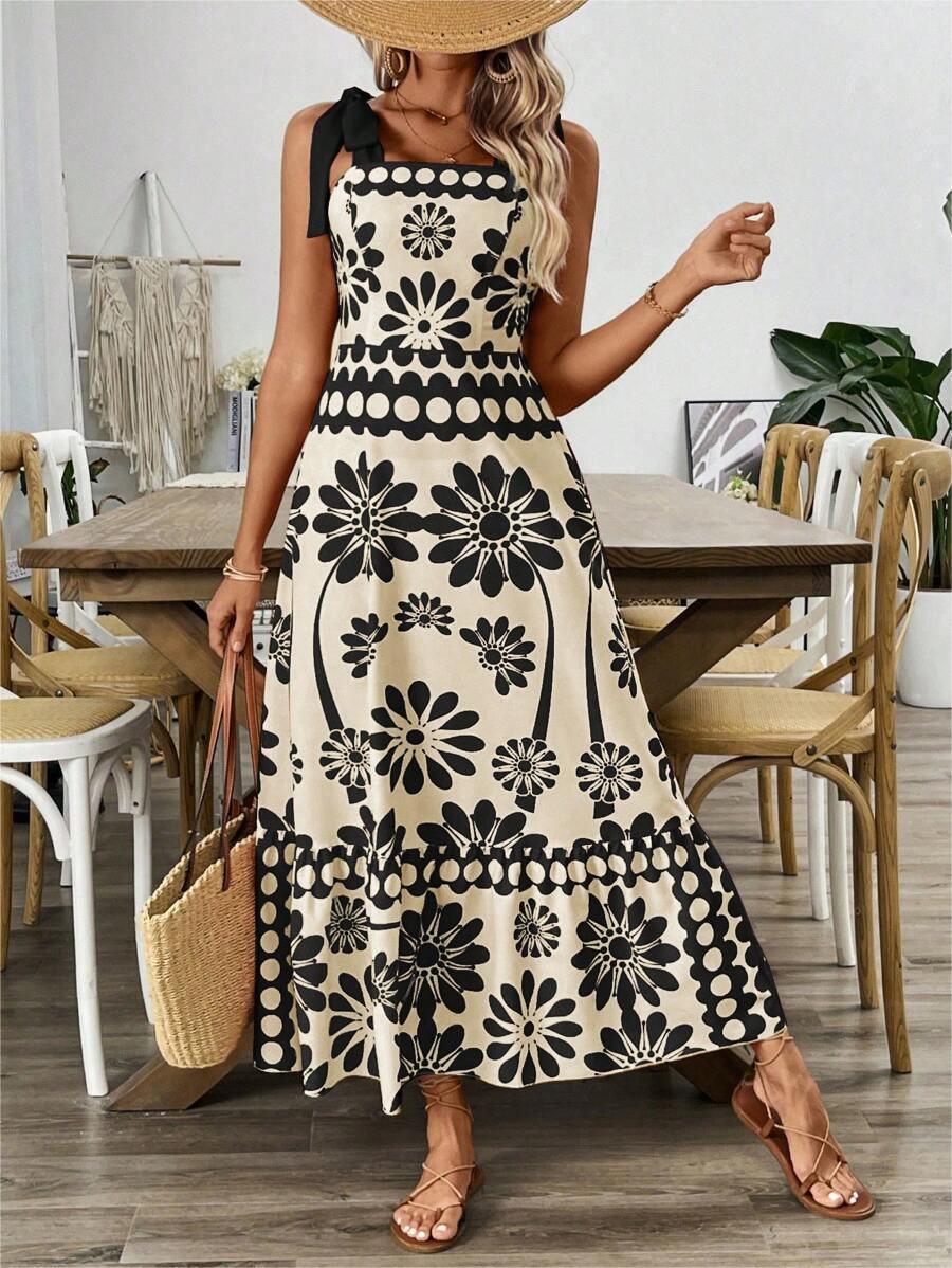 Flower Print Shoulder Girdle Waist Women's Dress