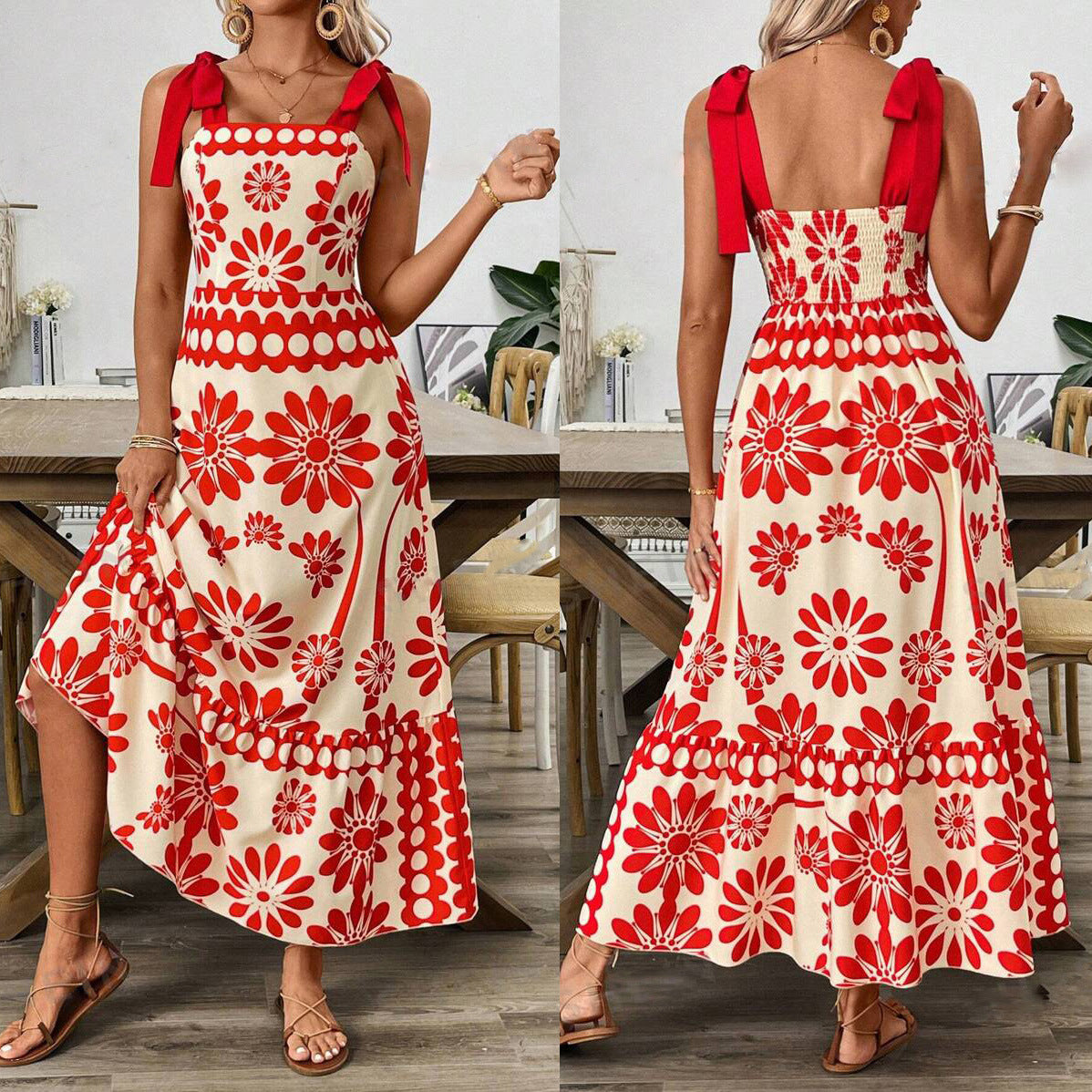 Flower Print Shoulder Girdle Waist Women's Dress