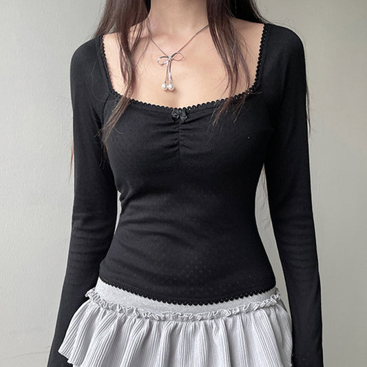 French Pure Desire Square Collar Lace Bow Long Sleeve Top For Women