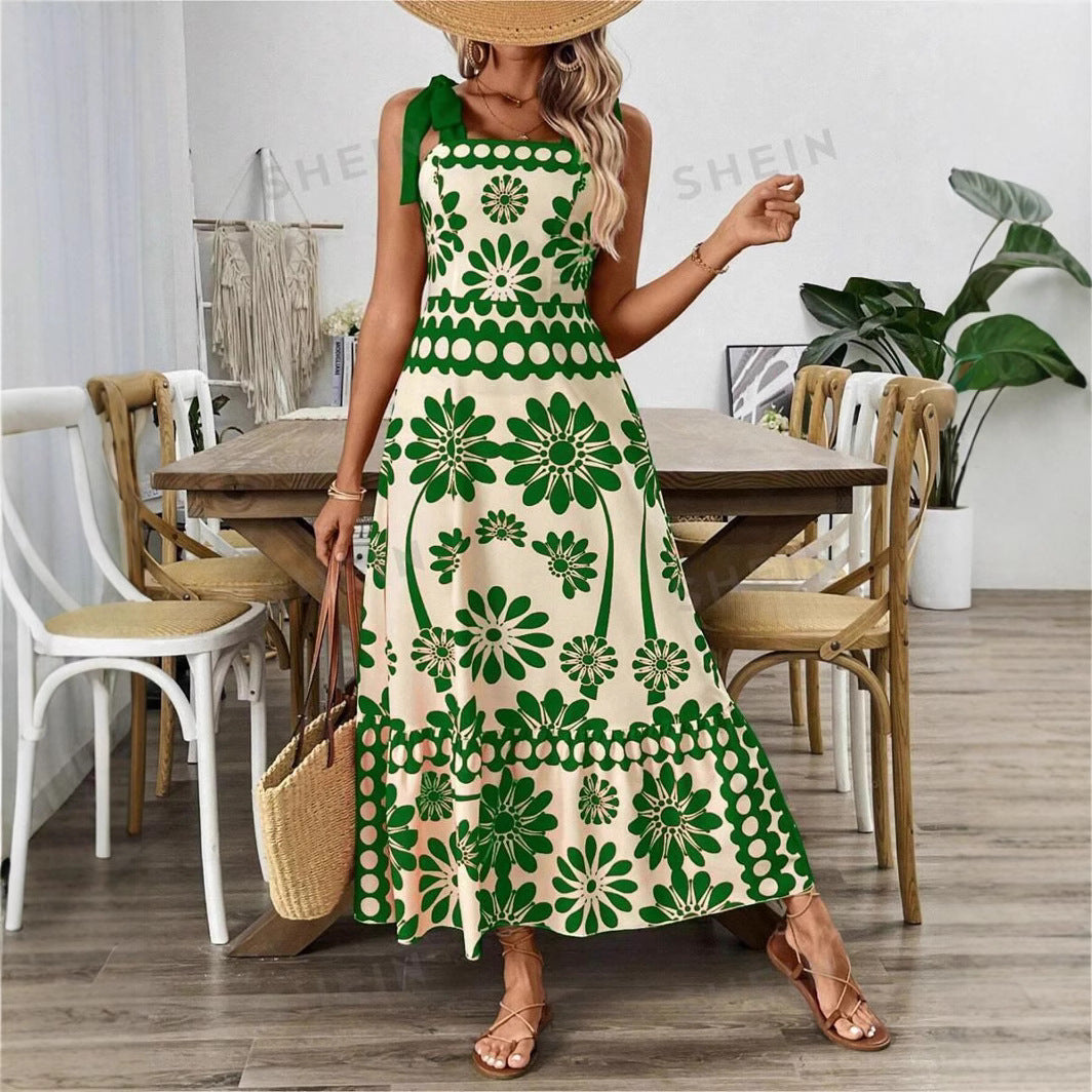 Flower Print Shoulder Girdle Waist Women's Dress
