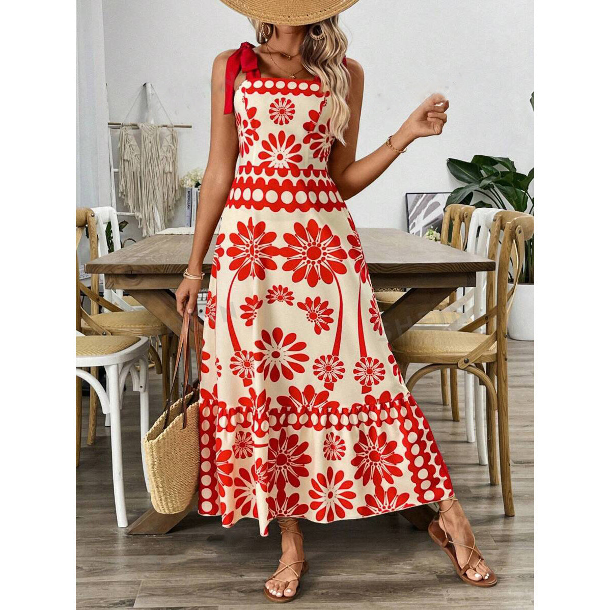 Flower Print Shoulder Girdle Waist Women's Dress