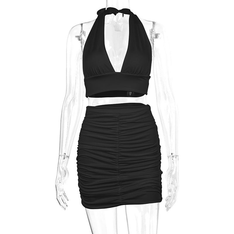 2pcs Women's Halter Lace-Up Top & Pleated Skirt Set – Sleeveless Hip-Covering Dress Suit in Multiple Colors | Infinity Bazaar