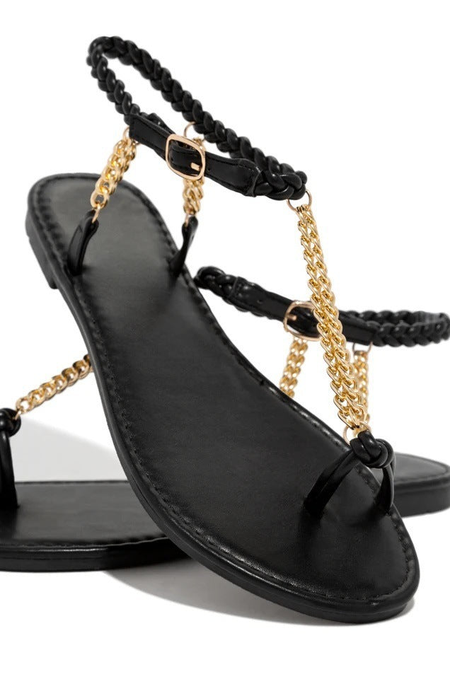 Round Toe Flat Metal Chain Women's Beach Sandals