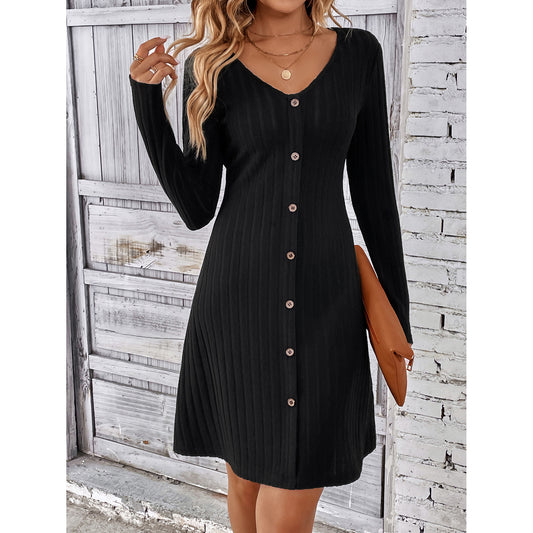 Women’s V-Neck Long Sleeve Slim Fit Dress with Buttoned Waist | Infinity Bazaar