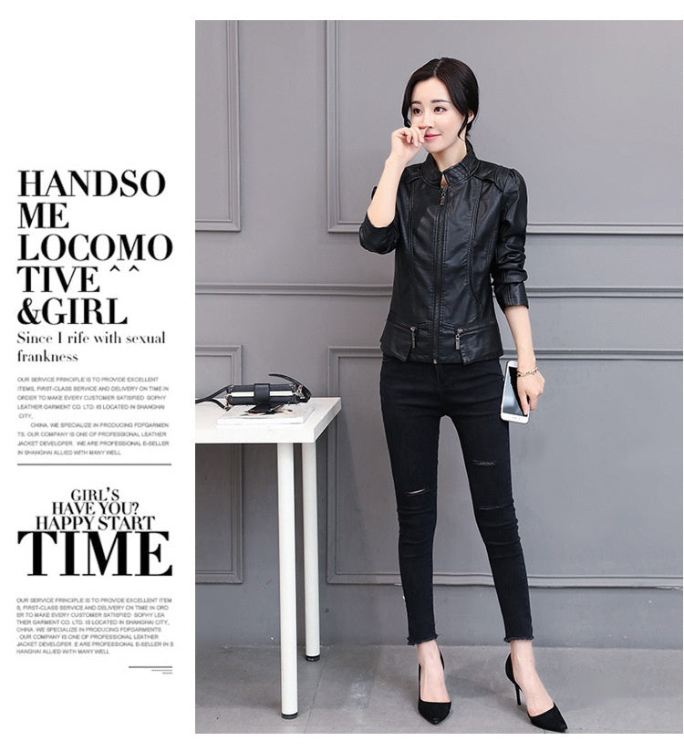 New Spring And Autumn Korean Style Motorcycle Stand-up Collar Slim Fit Slimming Leather Coat