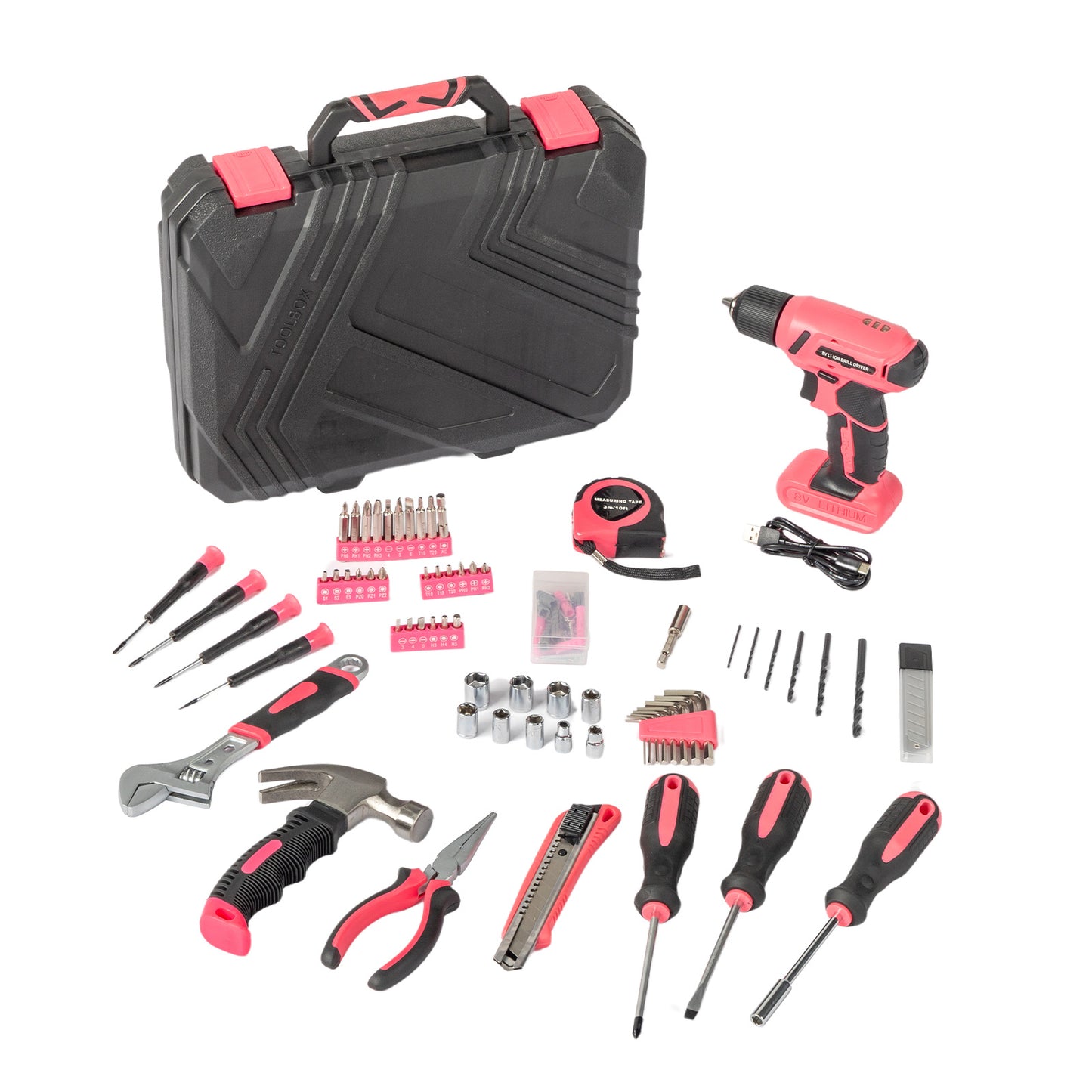 146-Piece Pink Cordless Drill & Tool Set – 8V DIY Home Repair Kit with LED Light, Lithium Battery & Carry Case | Infinity Bazaar