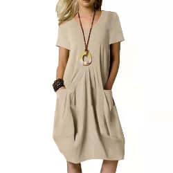 Women's Cotton and Linen Solid Color Round Neck Short Sleeve Dress | Infinity Bazaar