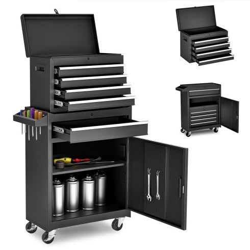 Tool Chest, 5-Drawer Rolling Tool Storage Cabinet With Detachable Top Tool Box, Liner, Universal Lockable Wheels, Adjustable Shelf, Locking Mechanism, Metal Tool Cart For Garage Workshop