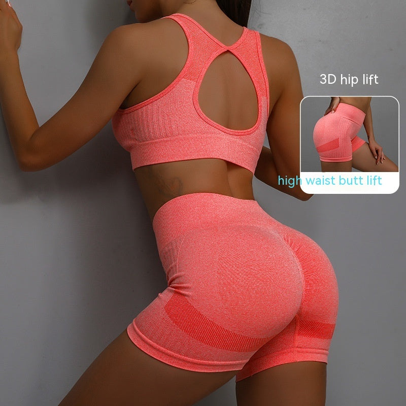 2PCS Women’s Sports Fitness Yoga Suit – Hollow-Out Back Bra & Hip-Lifting Shorts Set | Infinity Bazaar