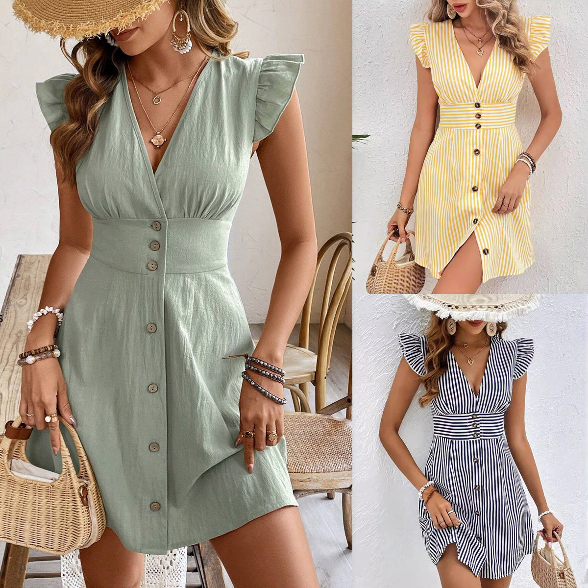 Summer V-neck Single-breasted Fly-sleeve Shirt Dress With Elegant Splicing Stripe Printing