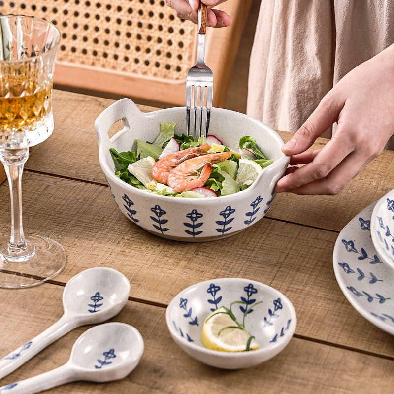 Vintage Small Blue Flower Ceramic Plates Cutlery Set