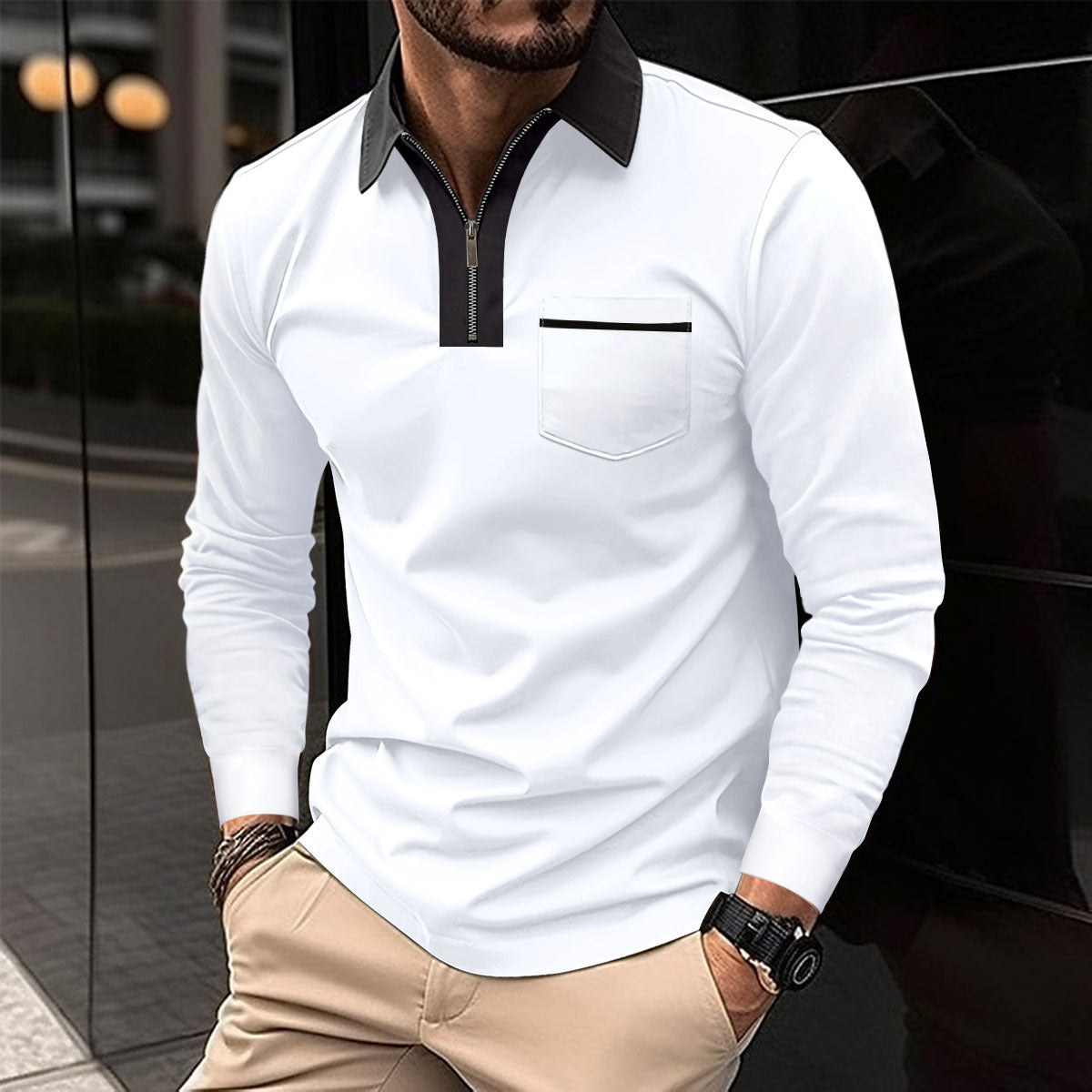 Autumn & Spring Mens Long Sleeve Zipper Polo Shirts