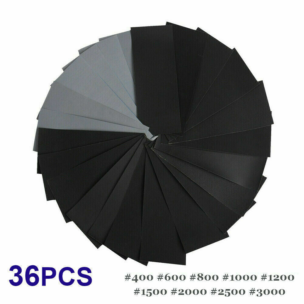 36Pcs Wet and Dry Sandpaper Set – Mixed Grit 400-3000 Silicon Carbide Sheets for Automotive, Wood & Metal Finishing | Infinity Bazaar
