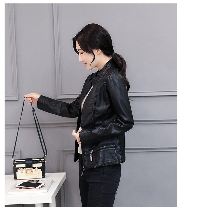 New Spring And Autumn Korean Style Motorcycle Stand-up Collar Slim Fit Slimming Leather Coat