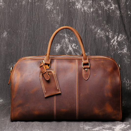 Mens Leather Hand Travel One Shoulder Crossbody Duffel Bag