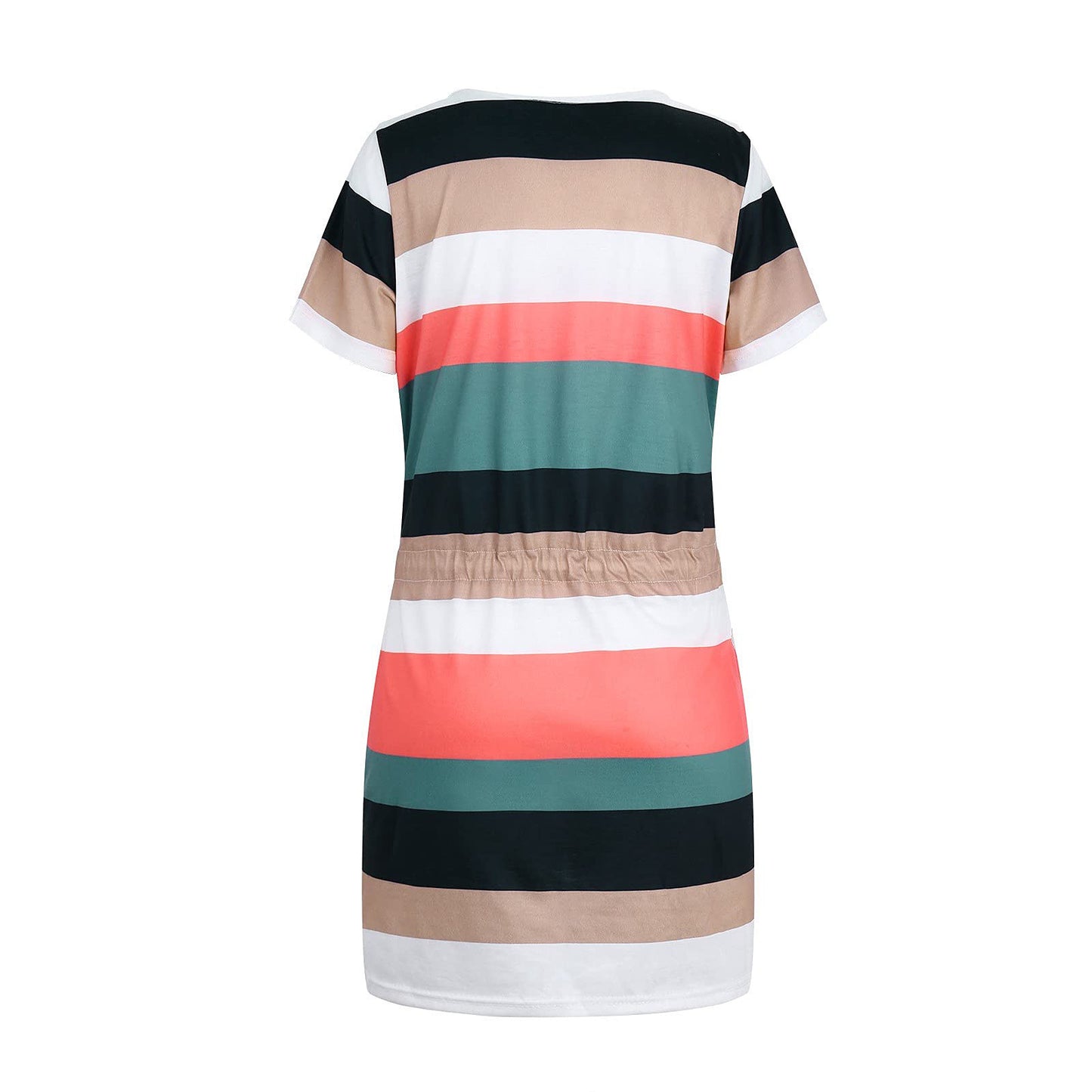 Striped Print Short-sleeved Summer Dress with V-neck Drawstring Design