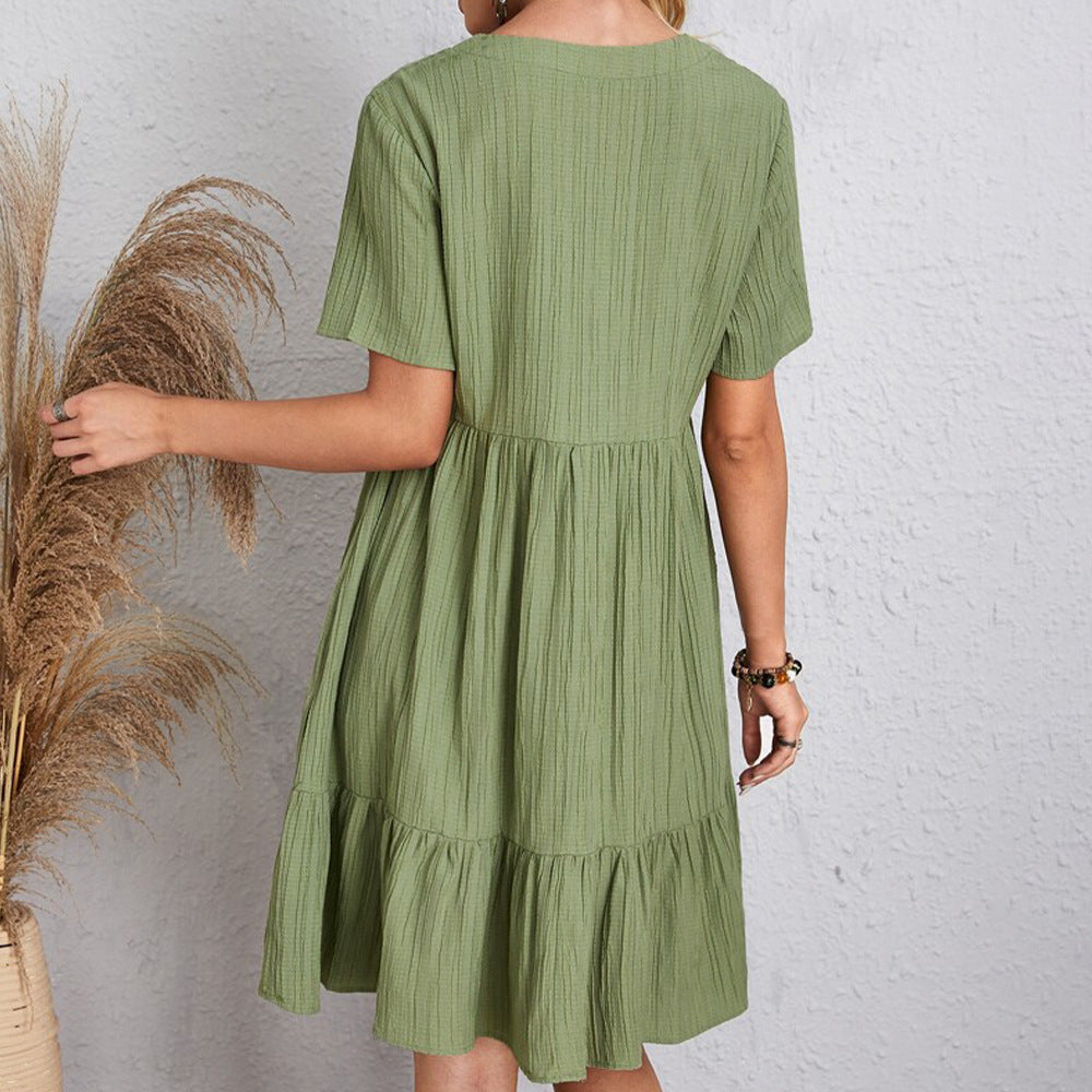 V-neck Short Sleeve Dress Summer Fashion Casual Loose Ruffled Dress