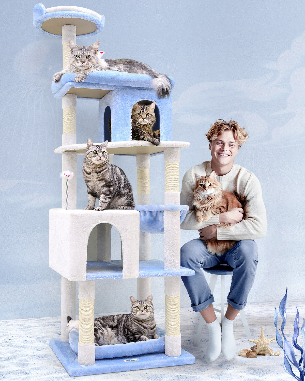 72-Inch Marine Blue Multi-Level Cat Tree Tower – Cat Climbing Frame with Scratching Posts, Platforms & Hideouts for Indoor Cats | Infinity Bazaar